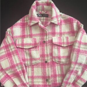Zara Hot Pink and White Plaid cropped Teddy Jacket